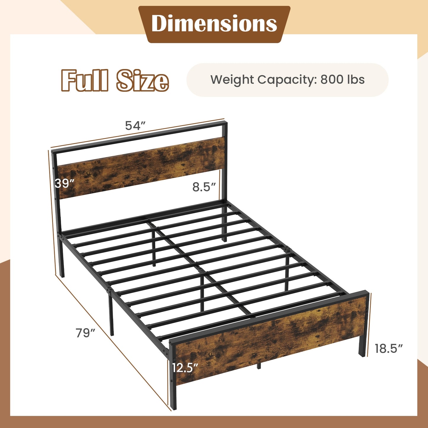 Heavy-Duty Industrial Platform Bed with Wood Headboard and Storage Space, Full Size