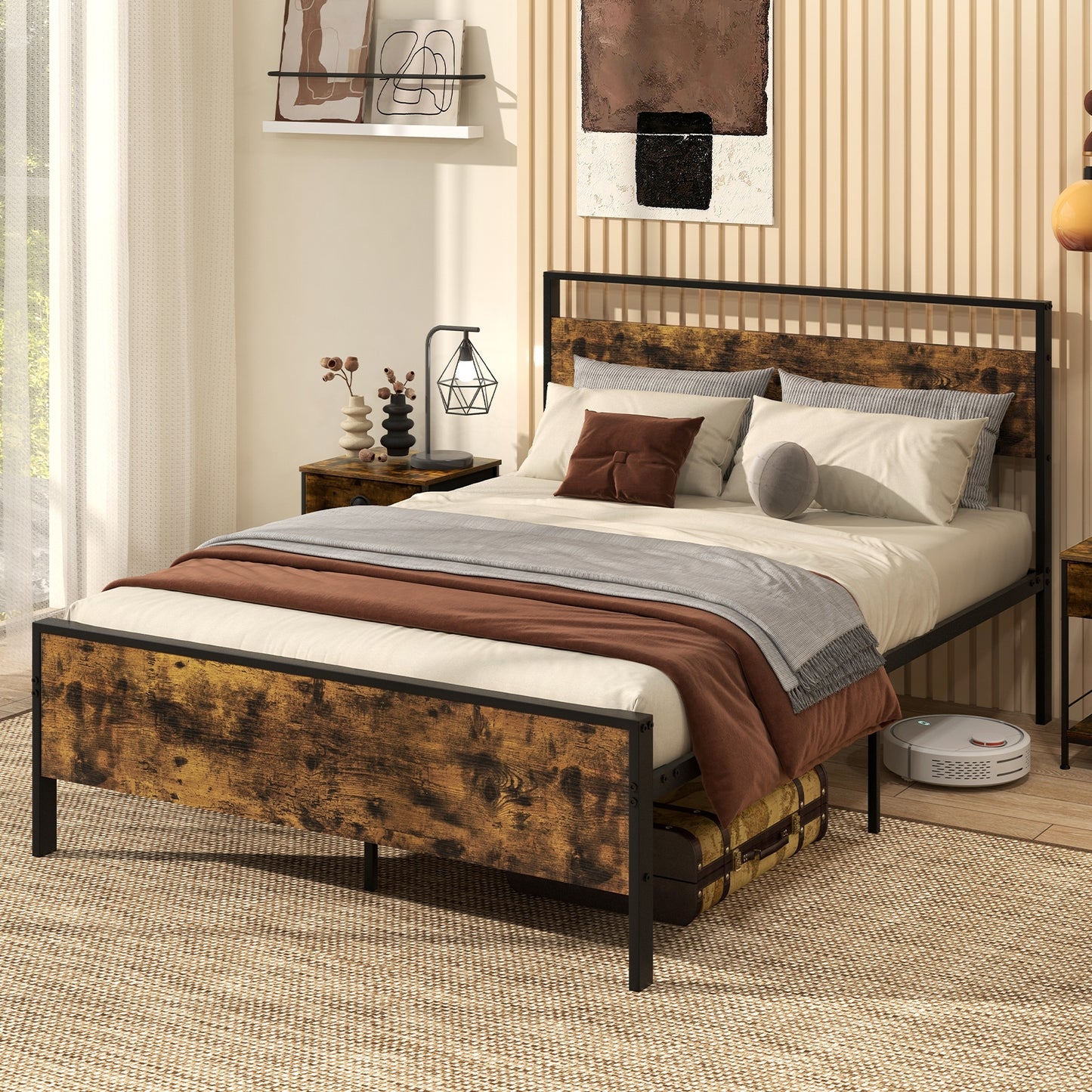 Heavy-Duty Industrial Platform Bed with Wood Headboard and Storage Space, Full Size