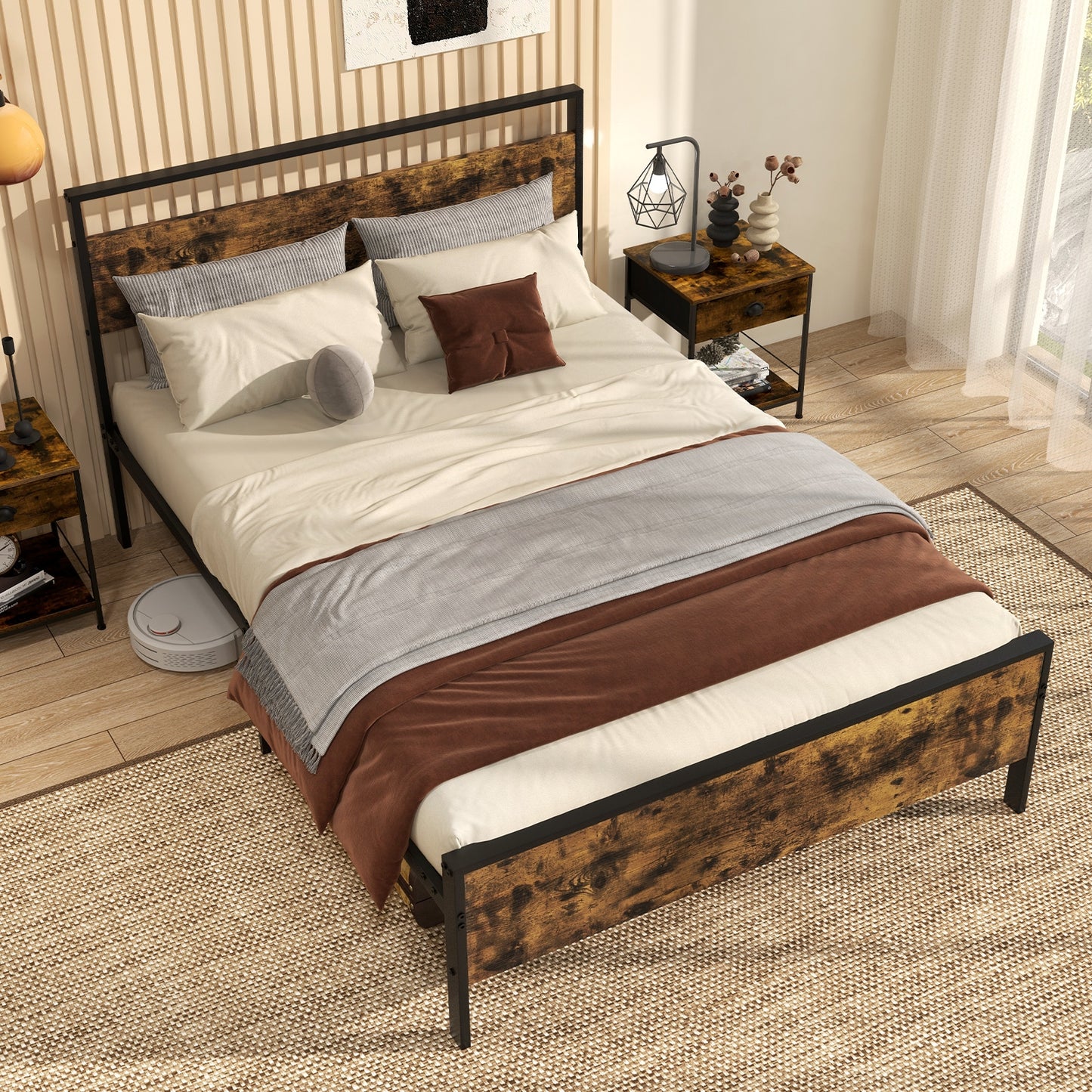 Heavy-Duty Industrial Platform Bed with Wood Headboard and Storage Space, Full Size
