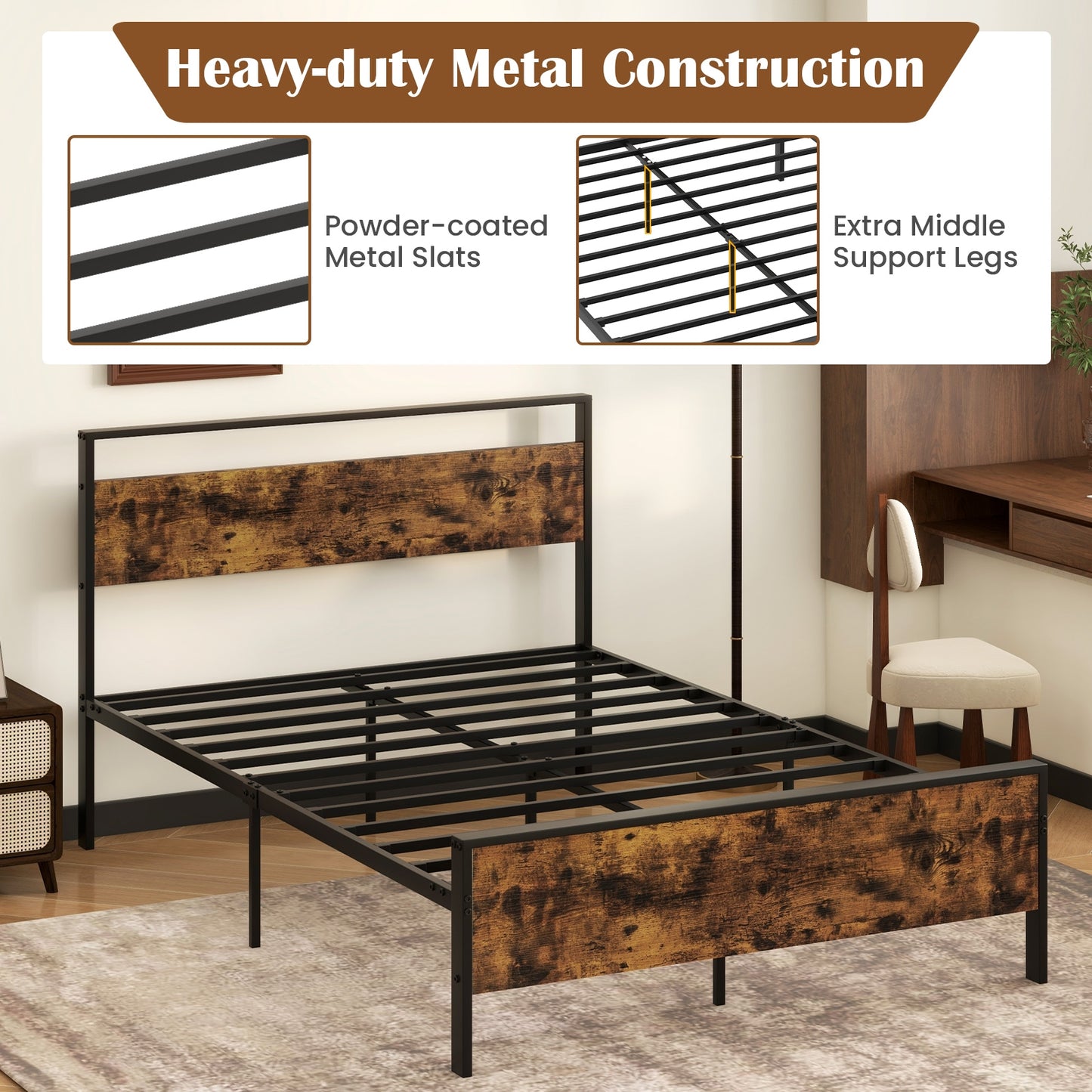Heavy-Duty Industrial Platform Bed with Wood Headboard and Storage Space, Full Size