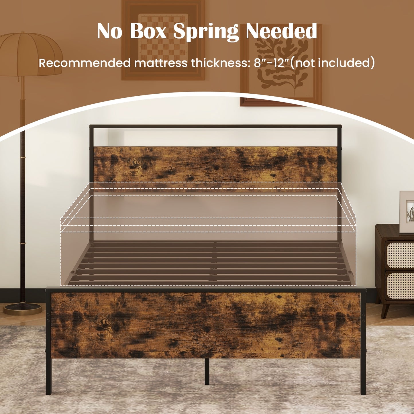 Heavy-Duty Industrial Platform Bed with Wood Headboard and Storage Space, Full Size
