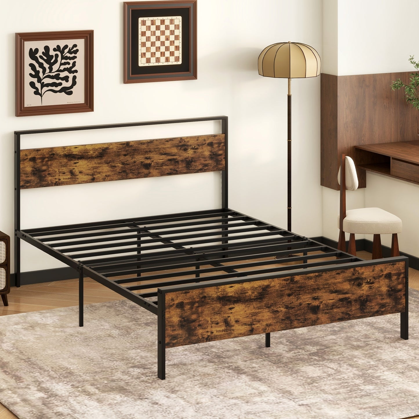 Heavy-Duty Industrial Platform Bed with Wood Headboard and Storage Space, Queen Size