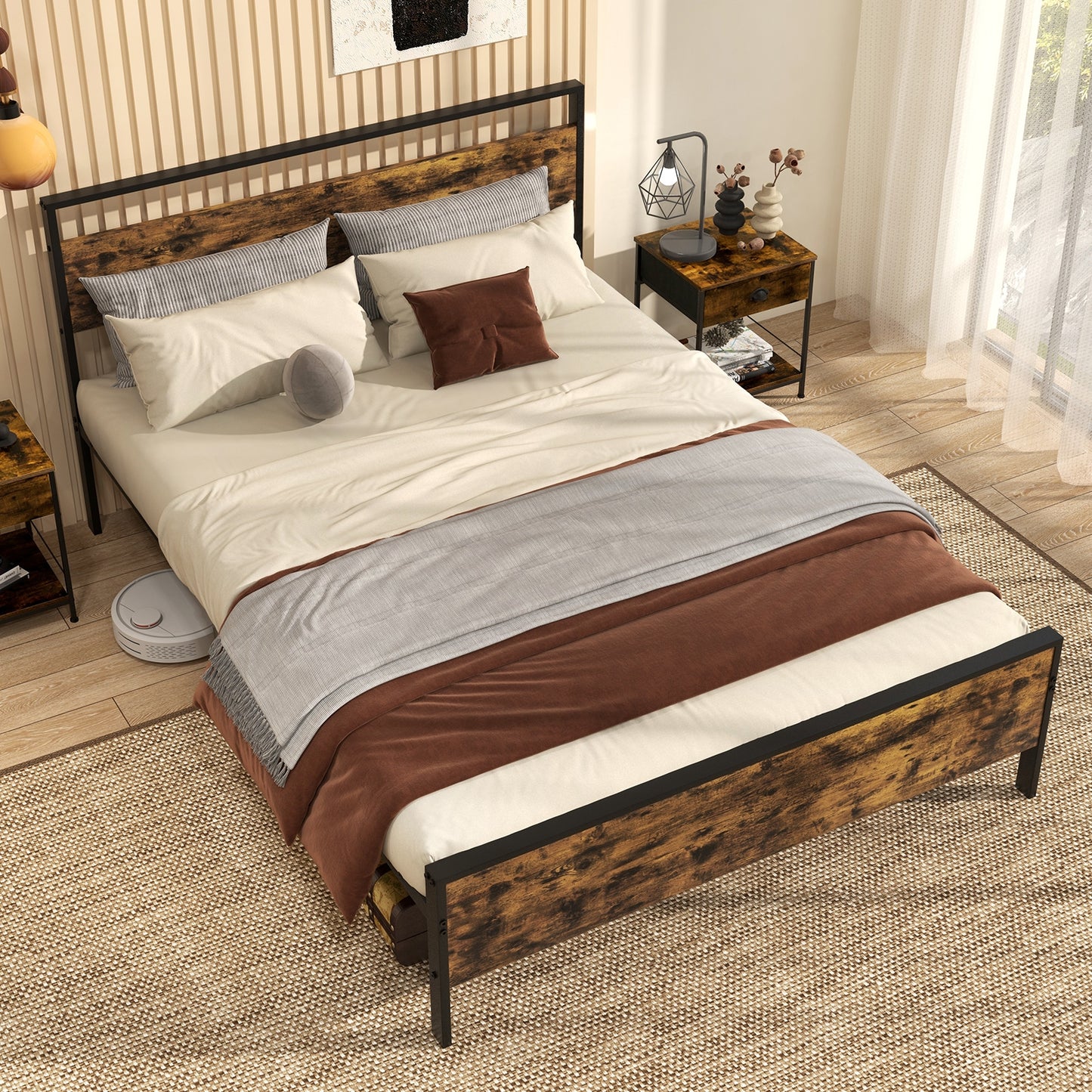 Heavy-Duty Industrial Platform Bed with Wood Headboard and Storage Space, Queen Size
