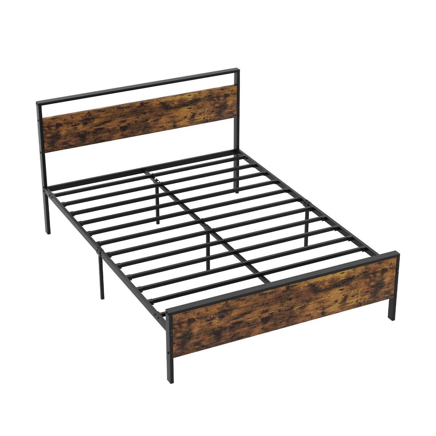 Heavy-Duty Industrial Platform Bed with Wood Headboard and Storage Space, Queen Size
