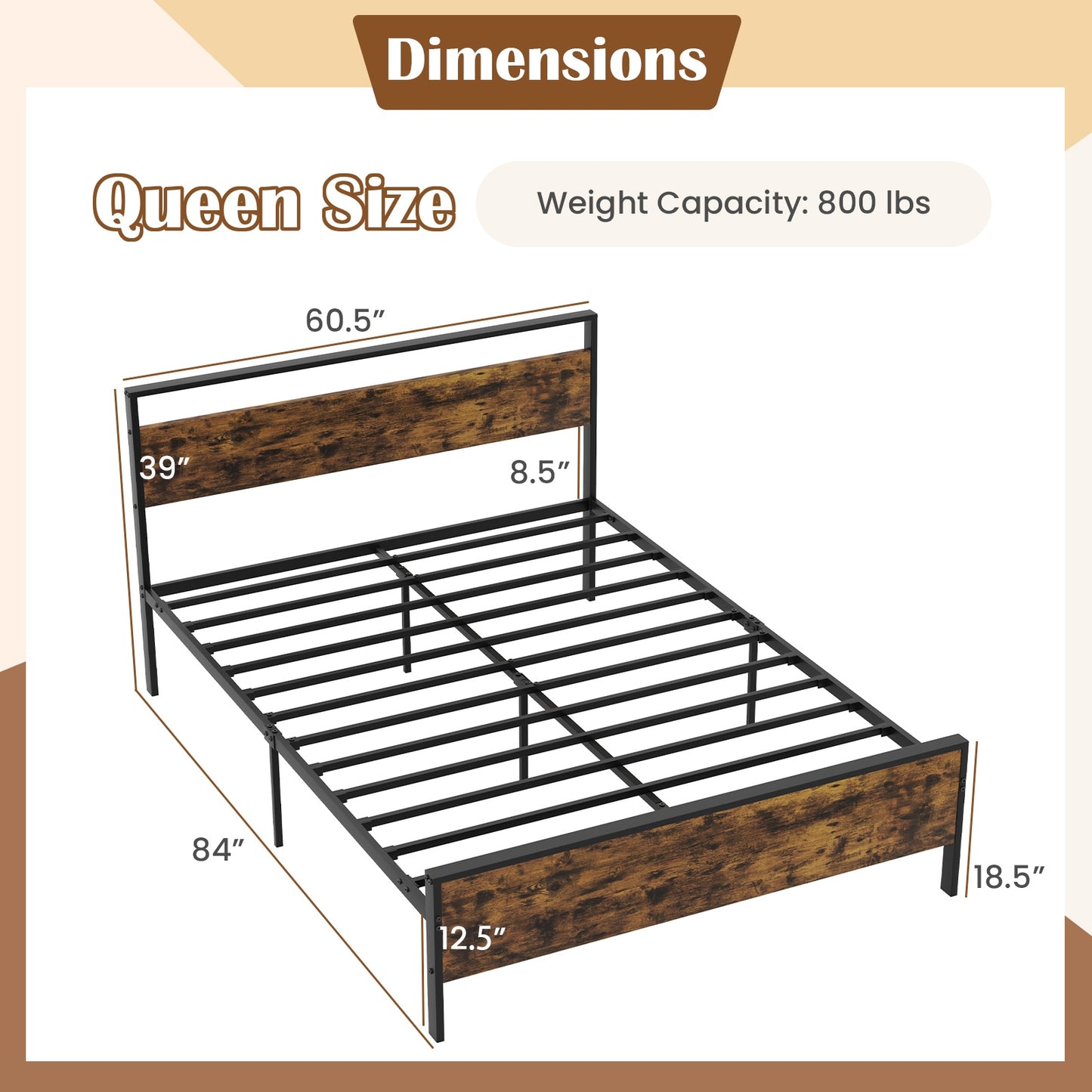 Heavy-Duty Industrial Platform Bed with Wood Headboard and Storage Space, Queen Size