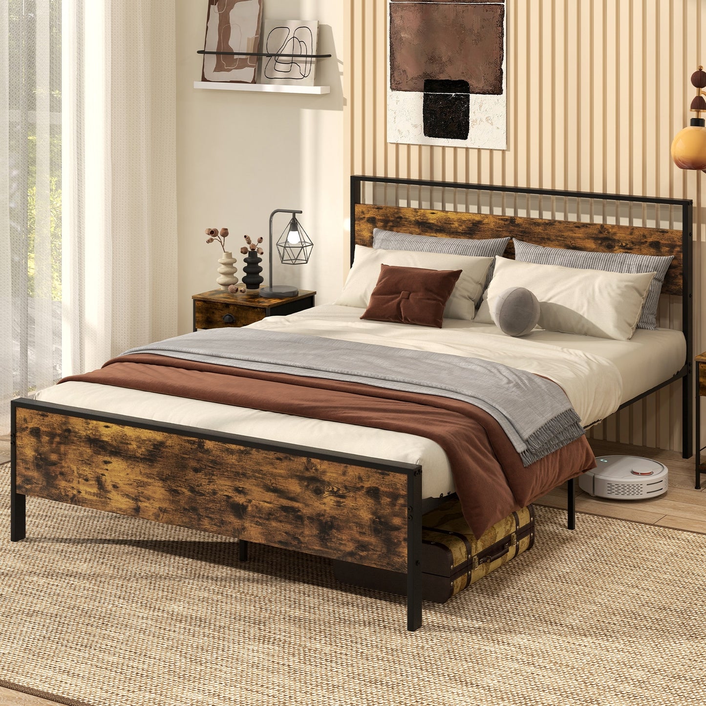 Heavy-Duty Industrial Platform Bed with Wood Headboard and Storage Space, Queen Size