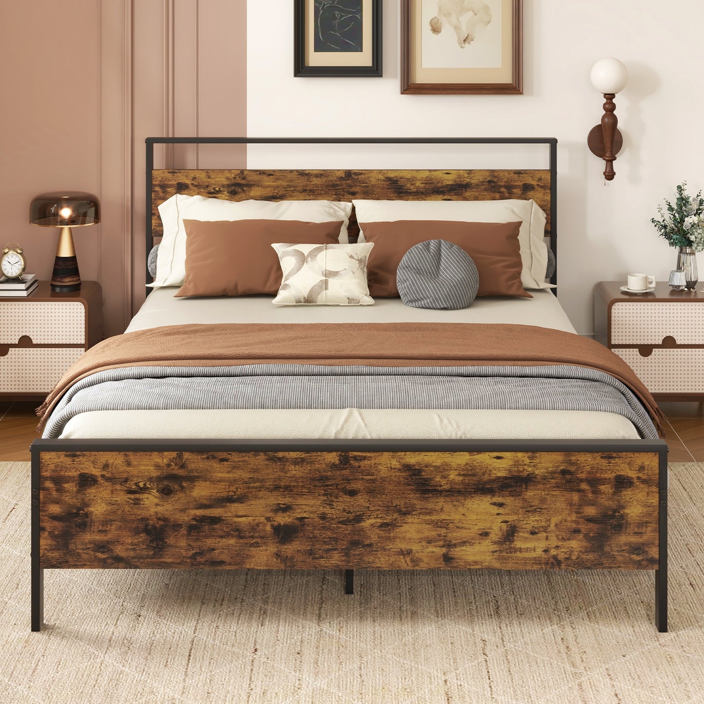 Heavy-Duty Industrial Platform Bed with Wood Headboard and Storage Space, Queen Size