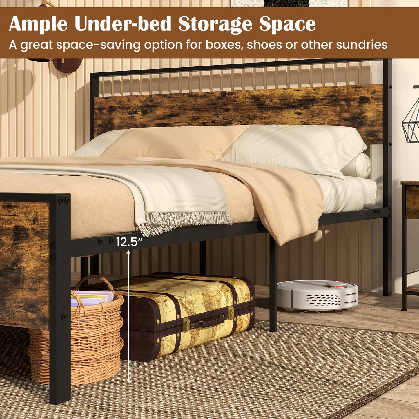 Heavy-Duty Industrial Platform Bed with Wood Headboard and Storage Space, Queen Size