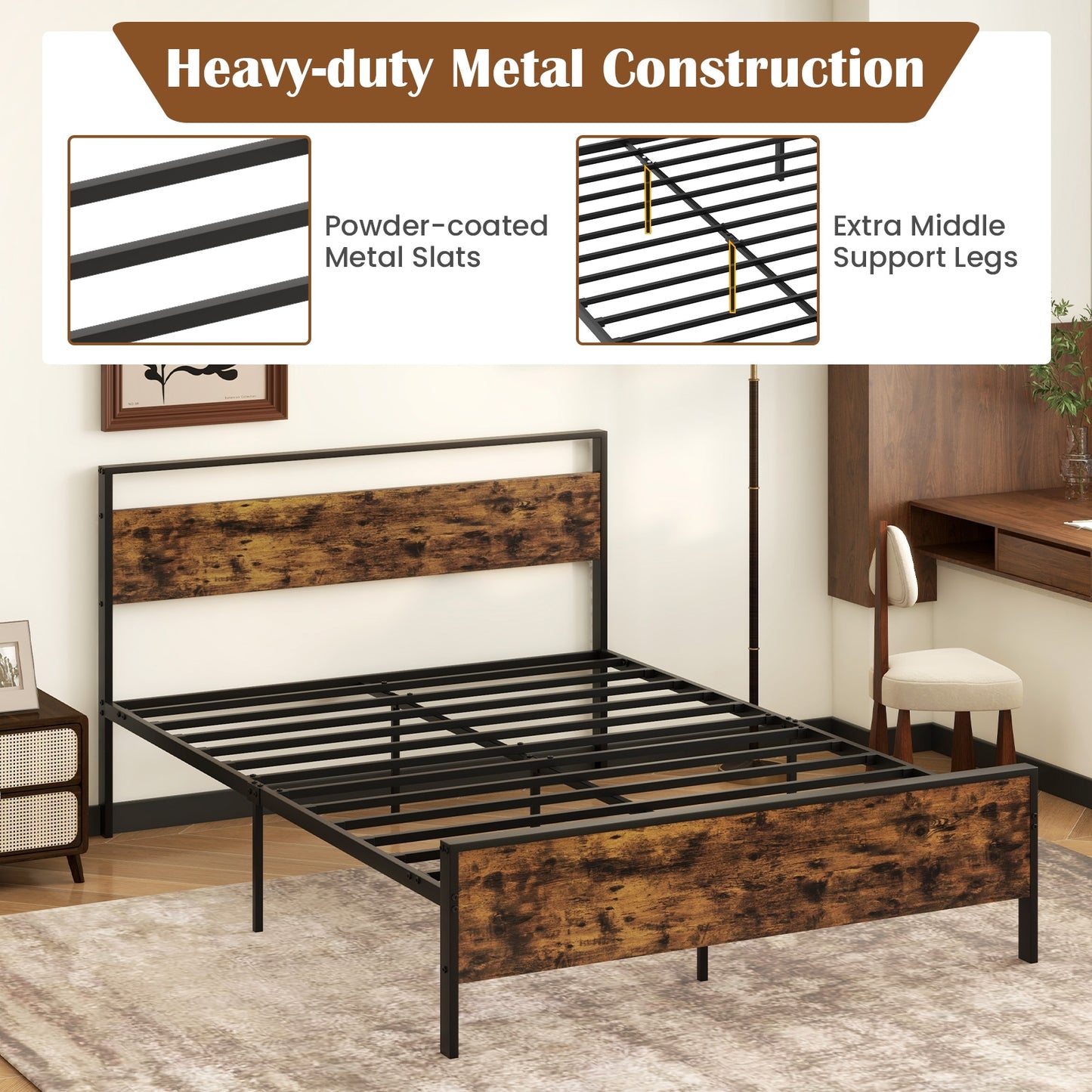 Heavy-Duty Industrial Platform Bed with Wood Headboard and Storage Space, Queen Size
