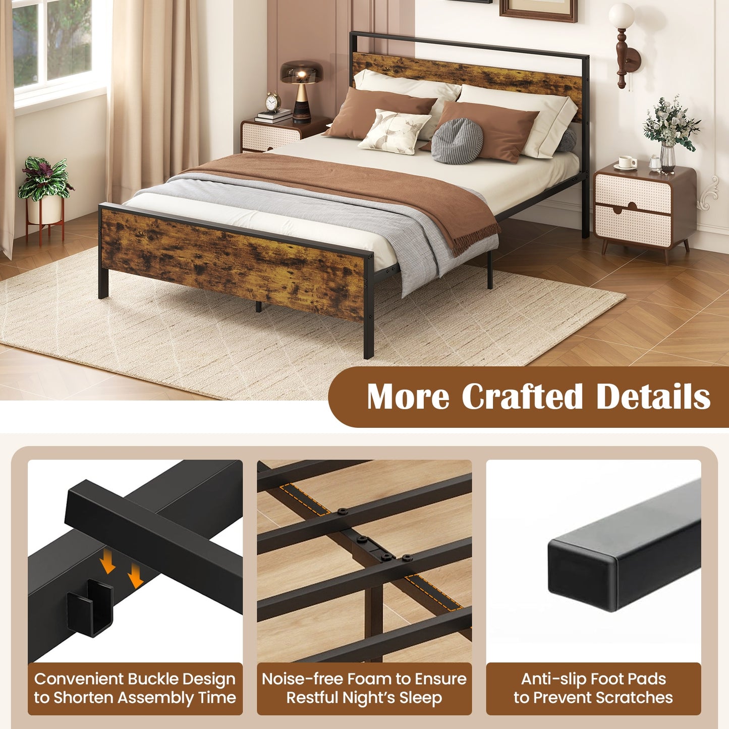 Heavy-Duty Industrial Platform Bed with Wood Headboard and Storage Space, Queen Size