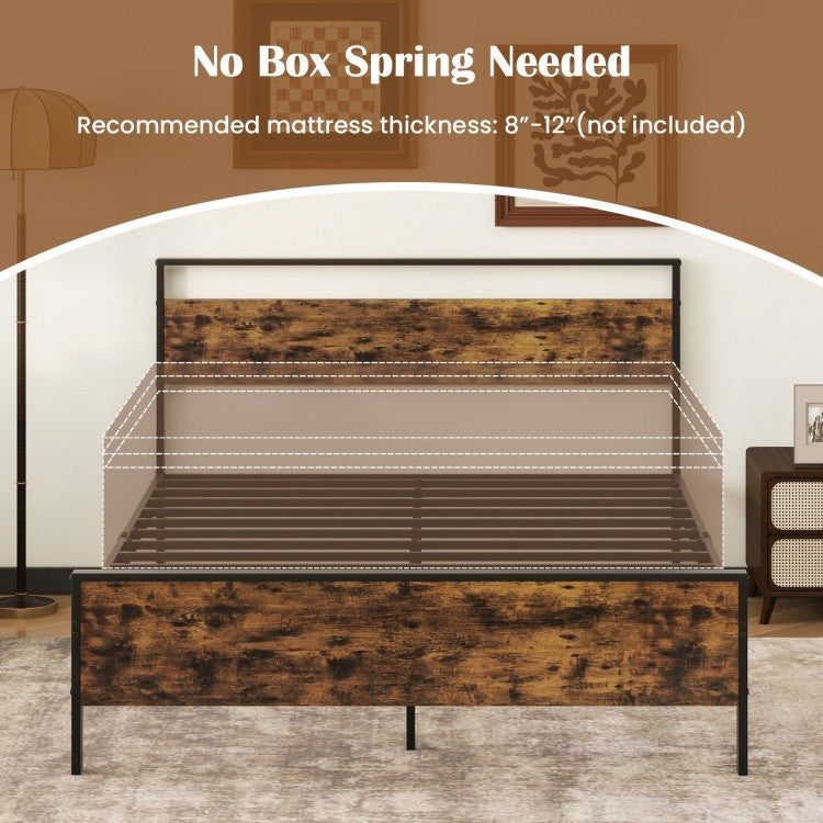 Heavy-Duty Industrial Platform Bed with Wood Headboard and Storage Space, Queen Size