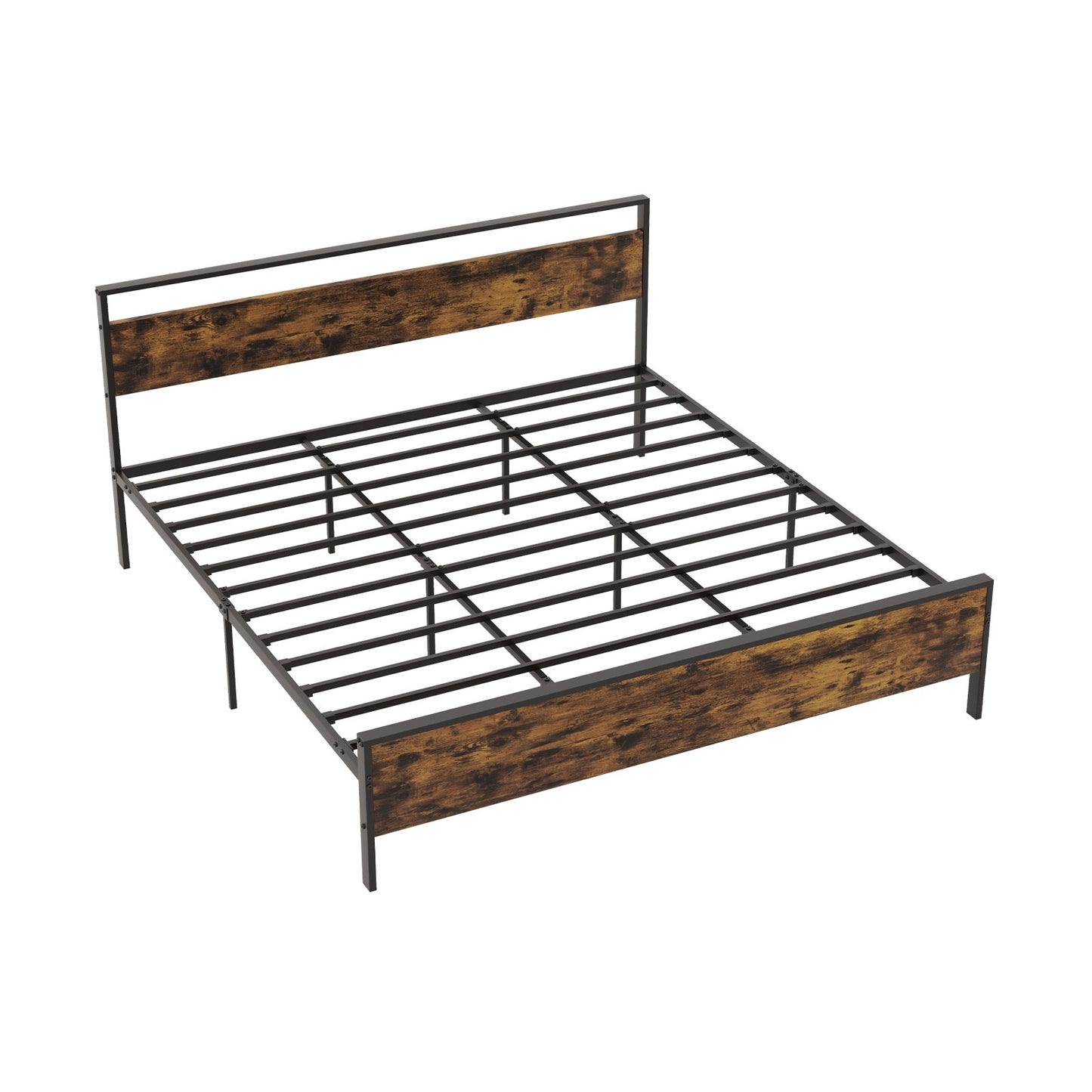 Heavy-Duty Industrial Platform Bed with Wood Headboard and Storage Space, King Size
