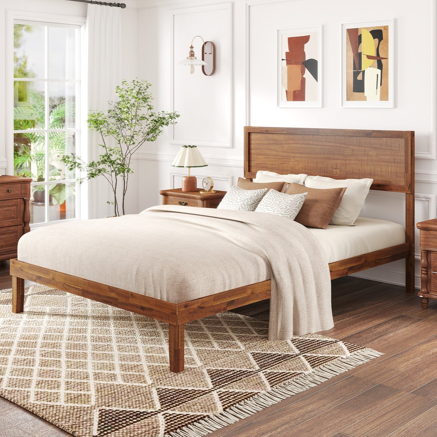 Classic Wood Bed Frame with Slat Foundation and Vintage Headboard, Full Size
