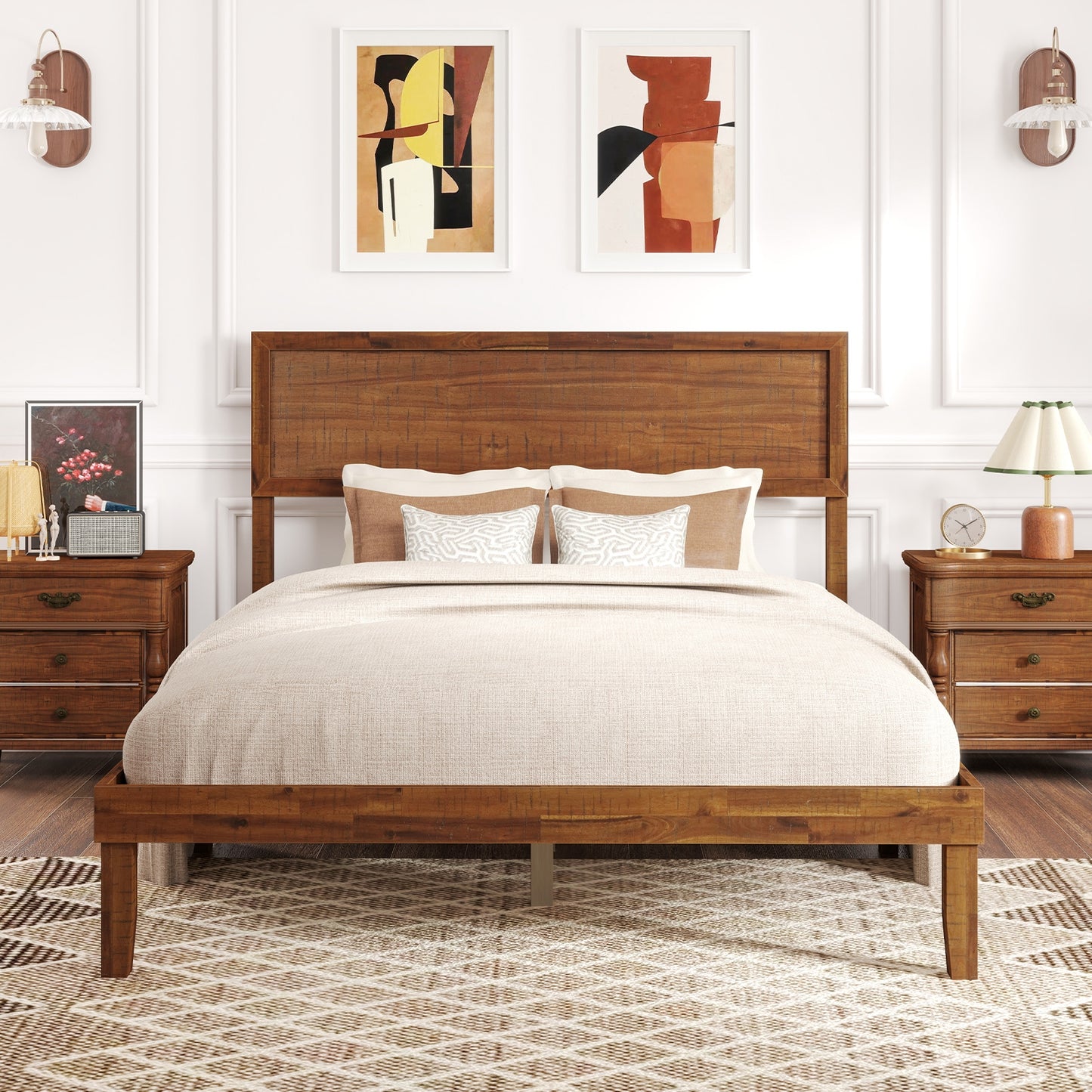 Classic Wood Bed Frame with Slat Foundation and Vintage Headboard, Full Size