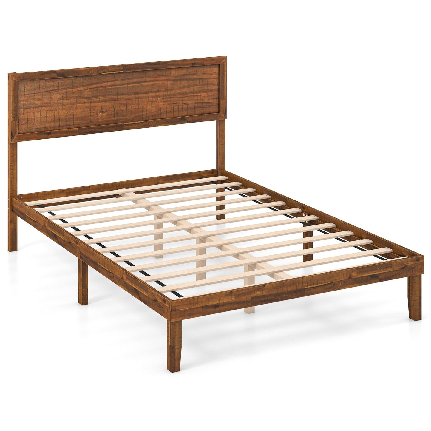 Classic Wood Bed Frame with Slat Foundation and Vintage Headboard, Full Size