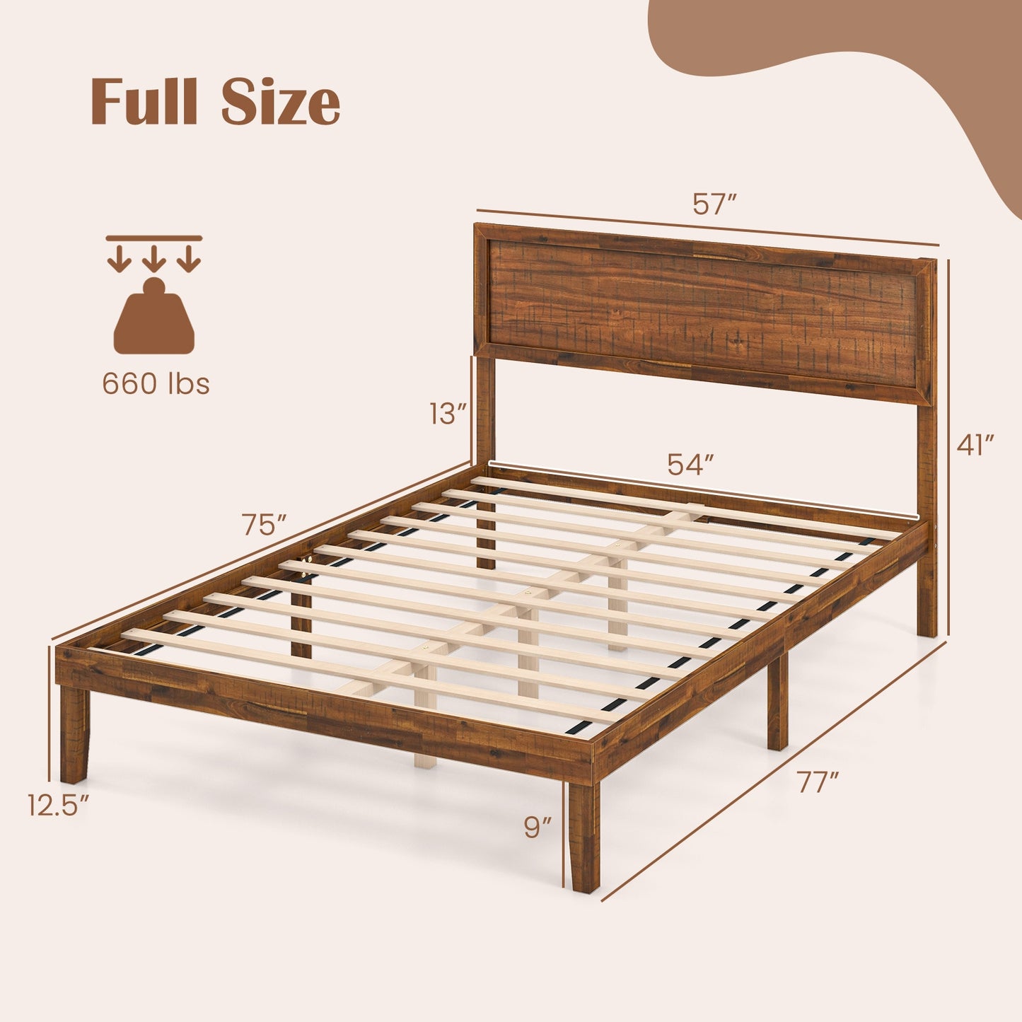 Classic Wood Bed Frame with Slat Foundation and Vintage Headboard, Full Size