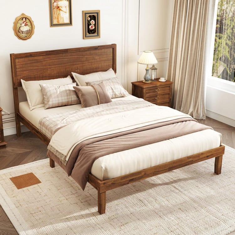Classic Wood Bed Frame with Slat Foundation and Vintage Headboard, Queen Size