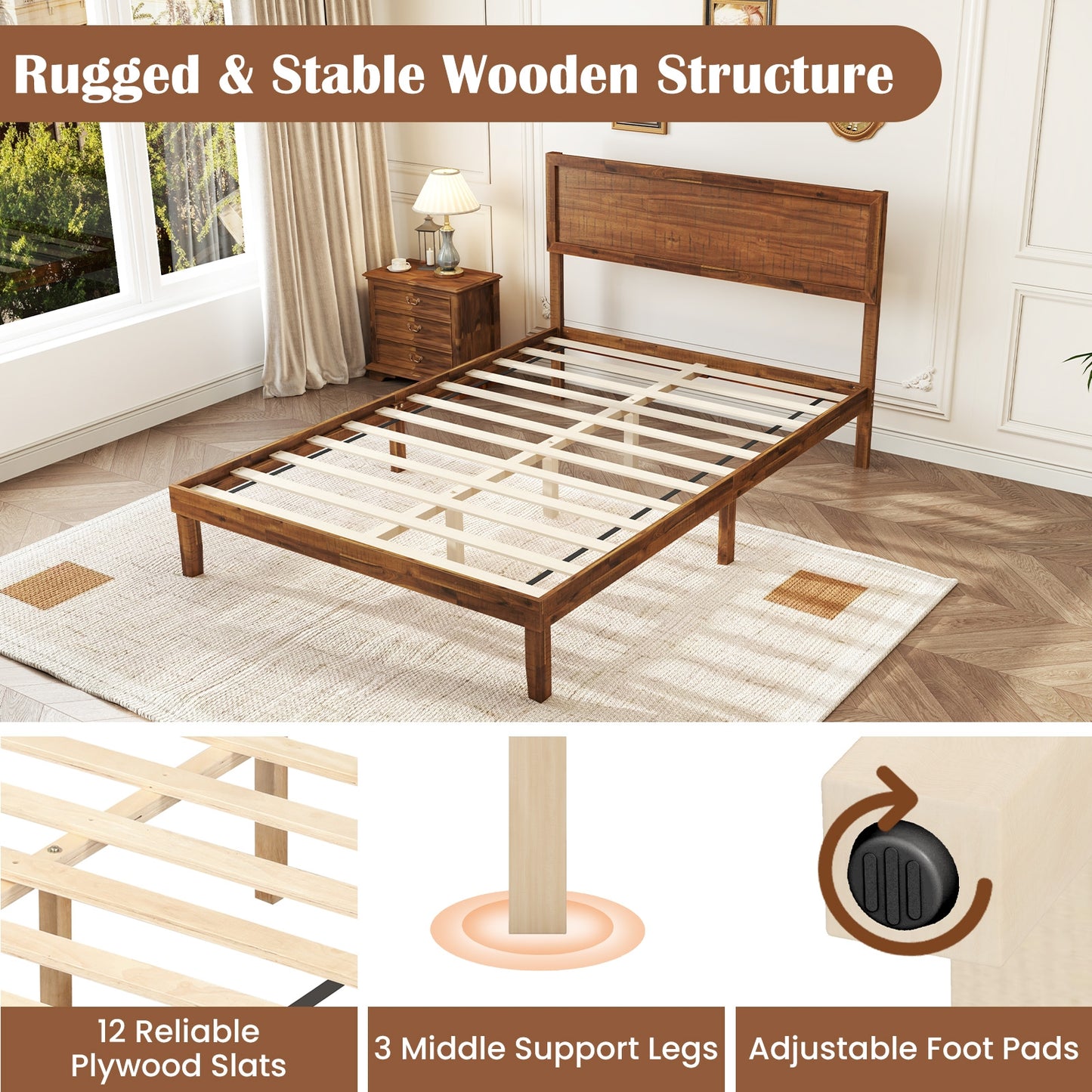 Classic Wood Bed Frame with Slat Foundation and Vintage Headboard, Full Size