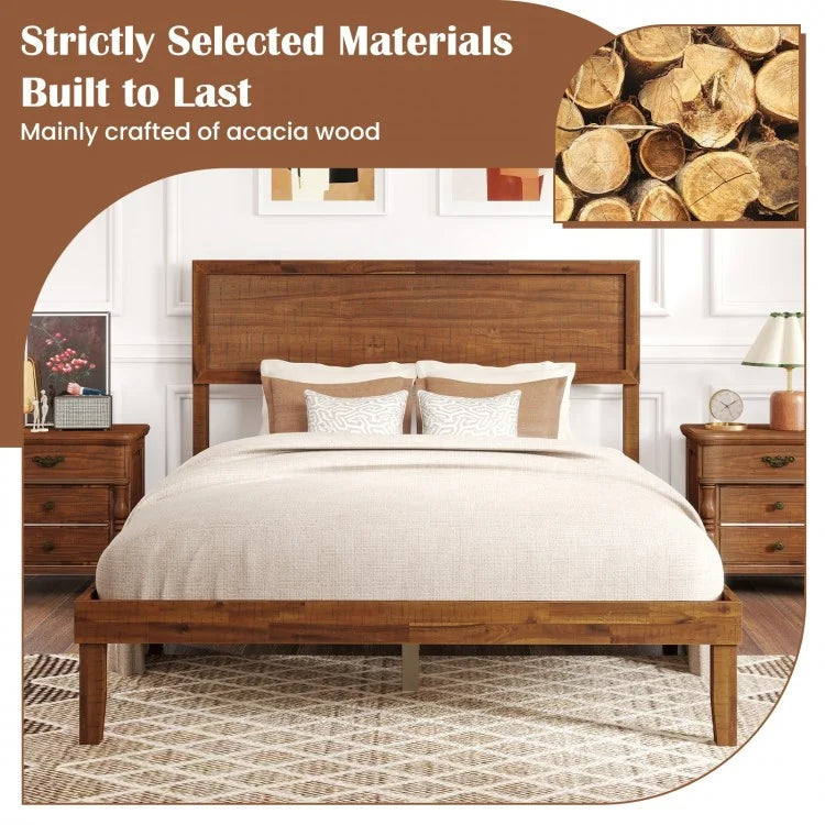 Classic Wood Bed Frame with Slat Foundation and Vintage Headboard, Queen Size