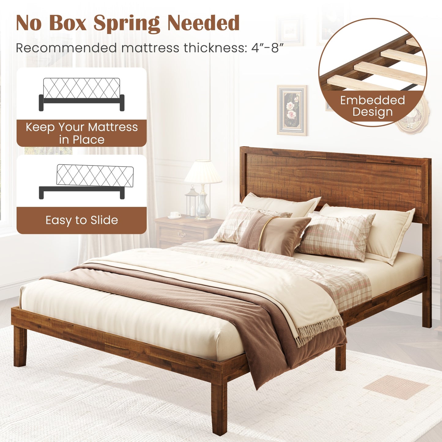 Classic Wood Bed Frame with Slat Foundation and Vintage Headboard, Full Size