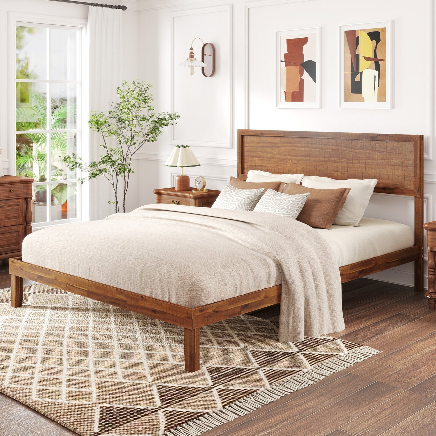 Classic Wood Bed Frame with Slat Foundation and Vintage Headboard, Queen Size