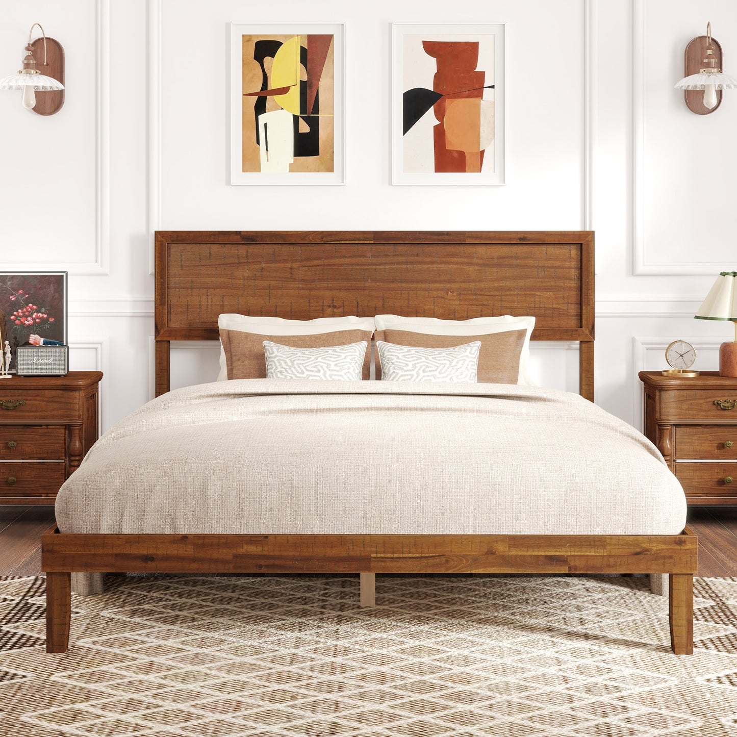 Classic Wood Bed Frame with Slat Foundation and Vintage Headboard, Queen Size