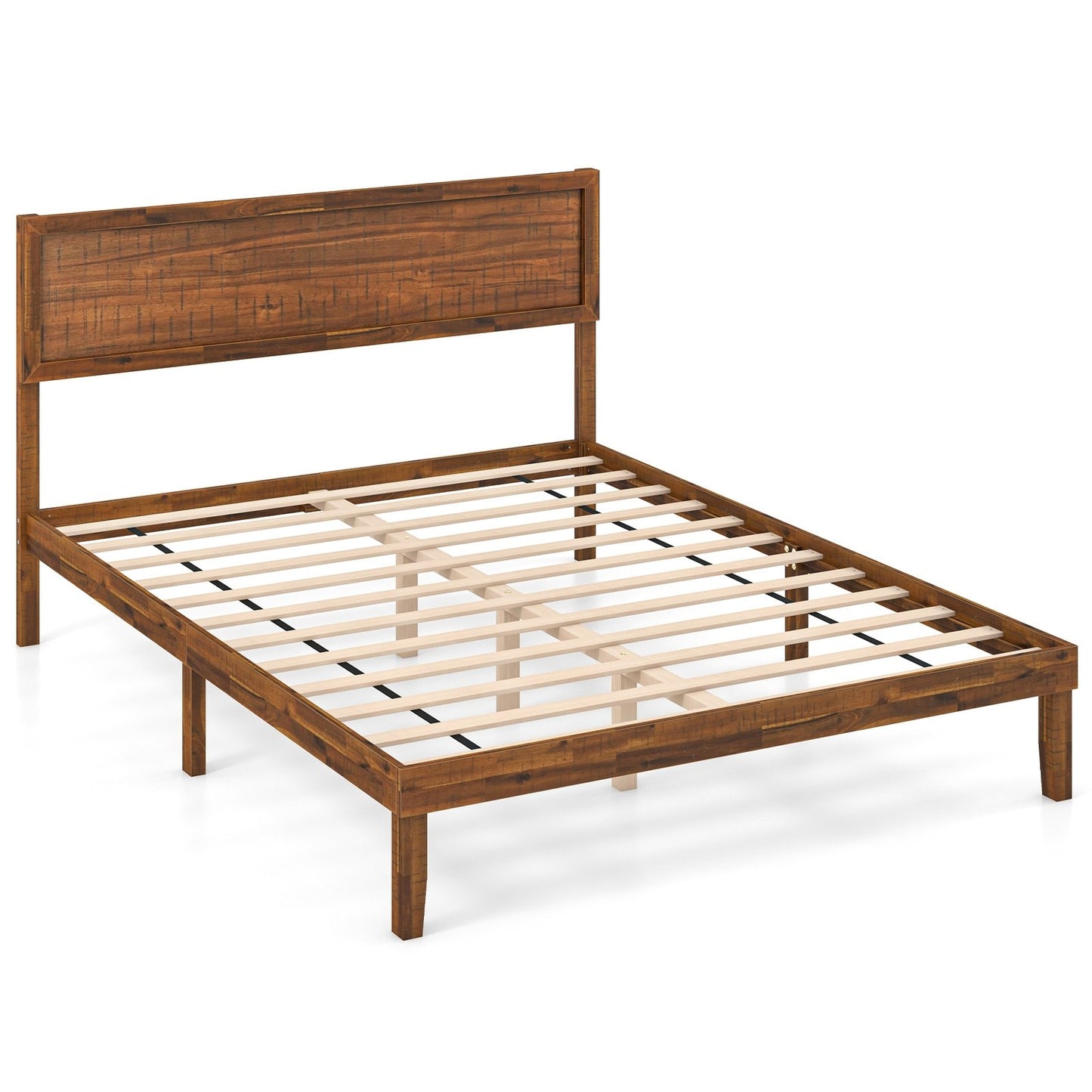 Classic Wood Bed Frame with Slat Foundation and Vintage Headboard, Queen Size
