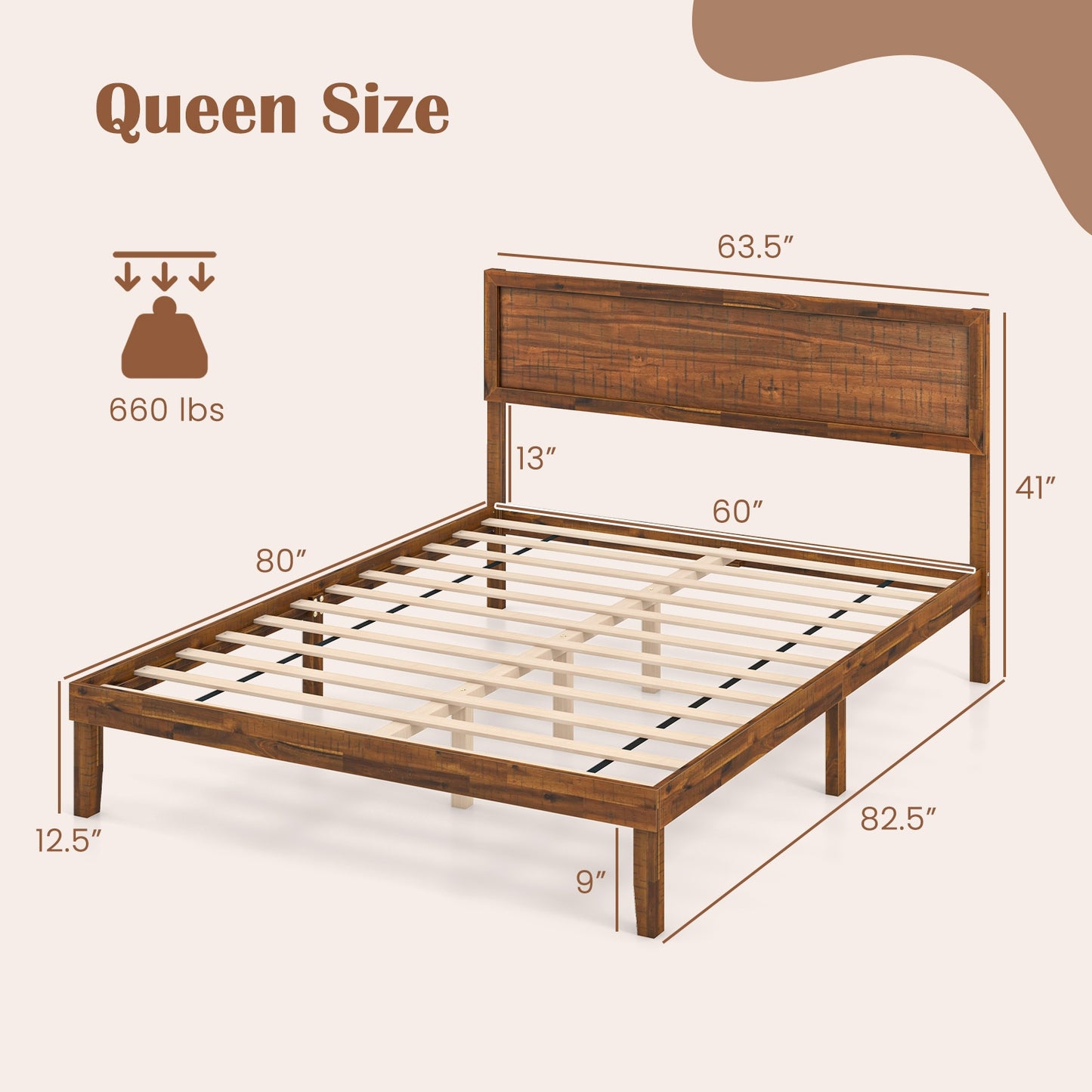 Classic Wood Bed Frame with Slat Foundation and Vintage Headboard, Queen Size