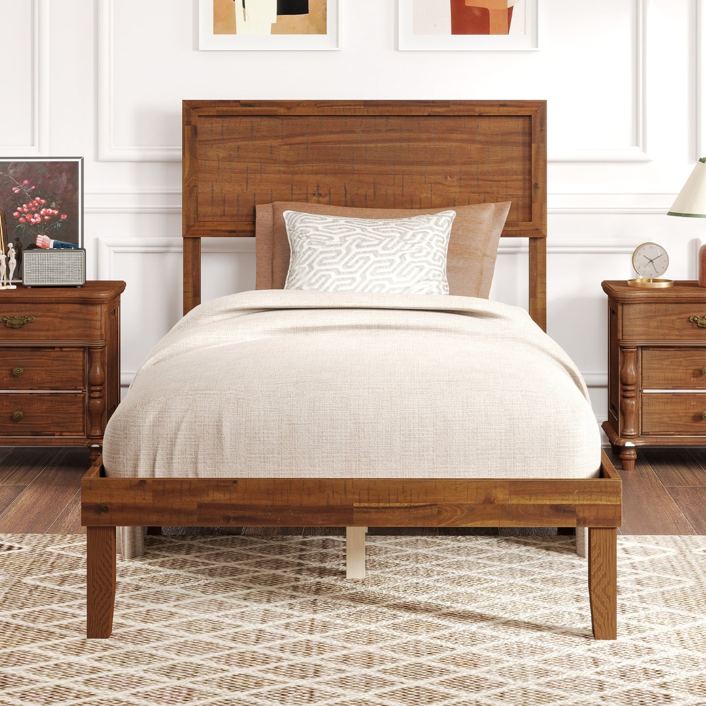 Classic Wood Bed Frame with Slat Foundation and Vintage Headboard, Twin Size