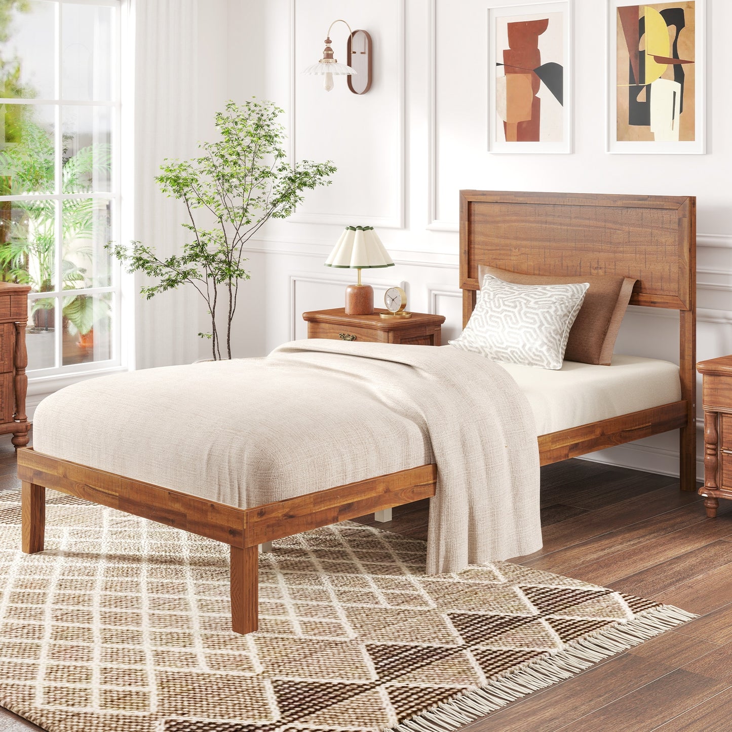 Classic Wood Bed Frame with Slat Foundation and Vintage Headboard, Twin Size