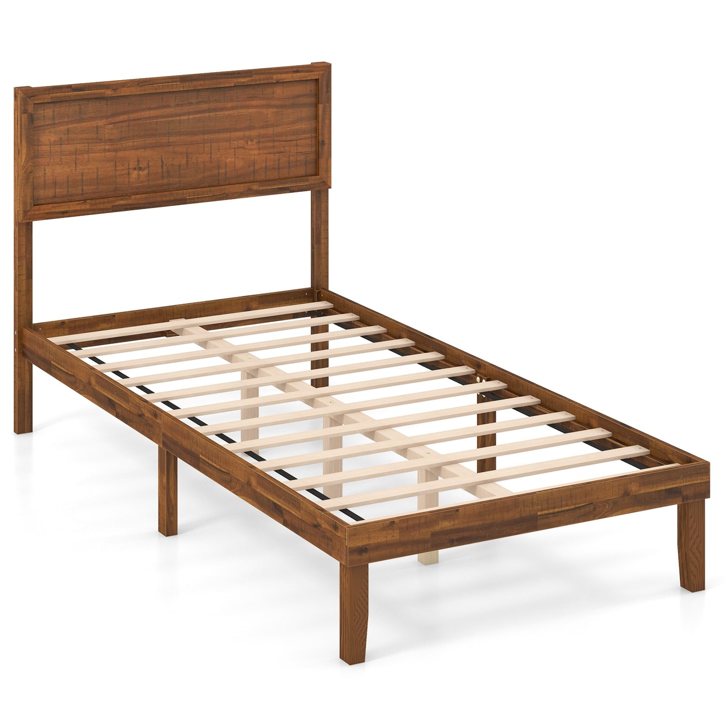 Classic Wood Bed Frame with Slat Foundation and Vintage Headboard, Twin Size