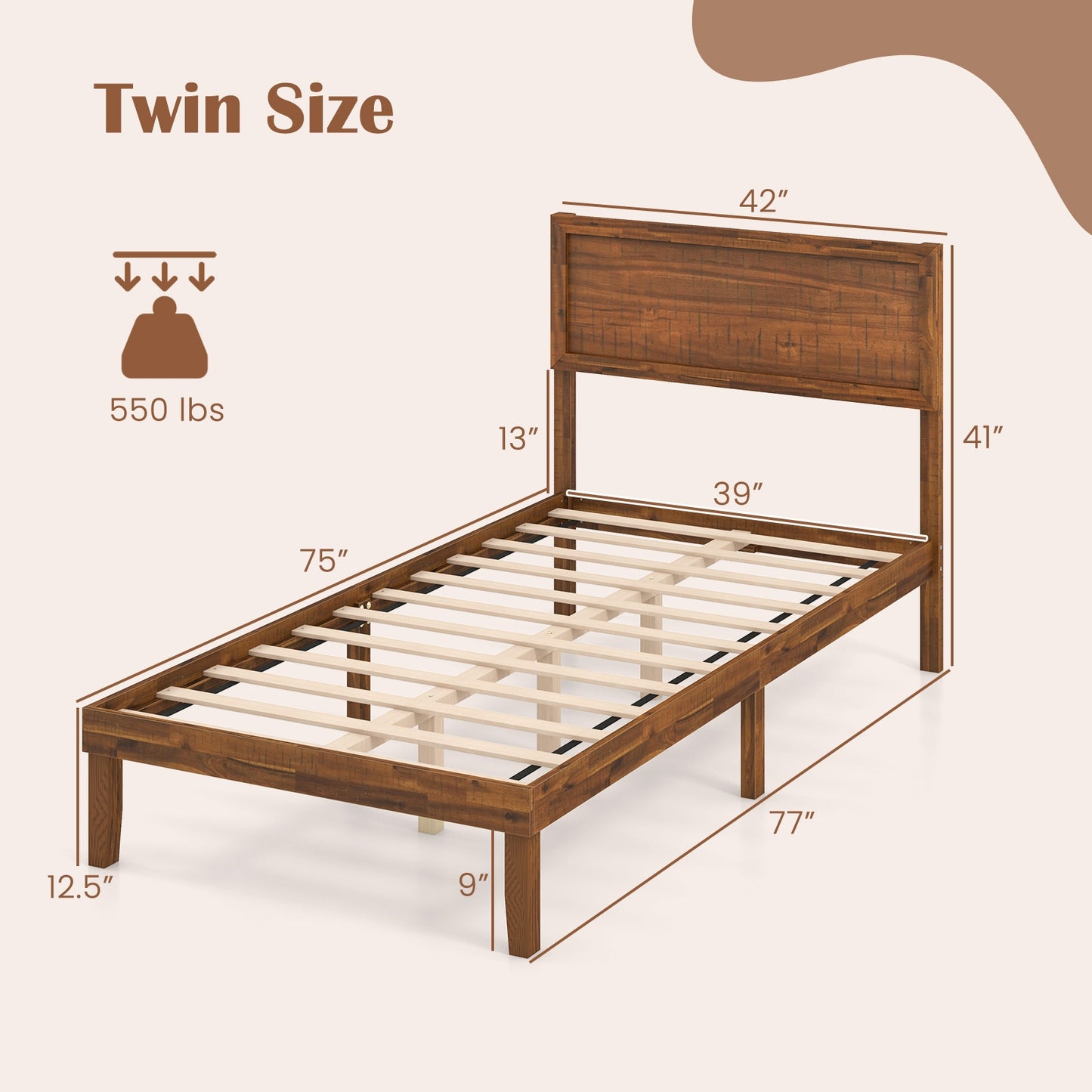 Classic Wood Bed Frame with Slat Foundation and Vintage Headboard, Twin Size