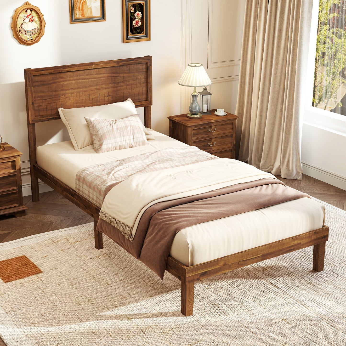 Classic Wood Bed Frame with Slat Foundation and Vintage Headboard, Twin Size
