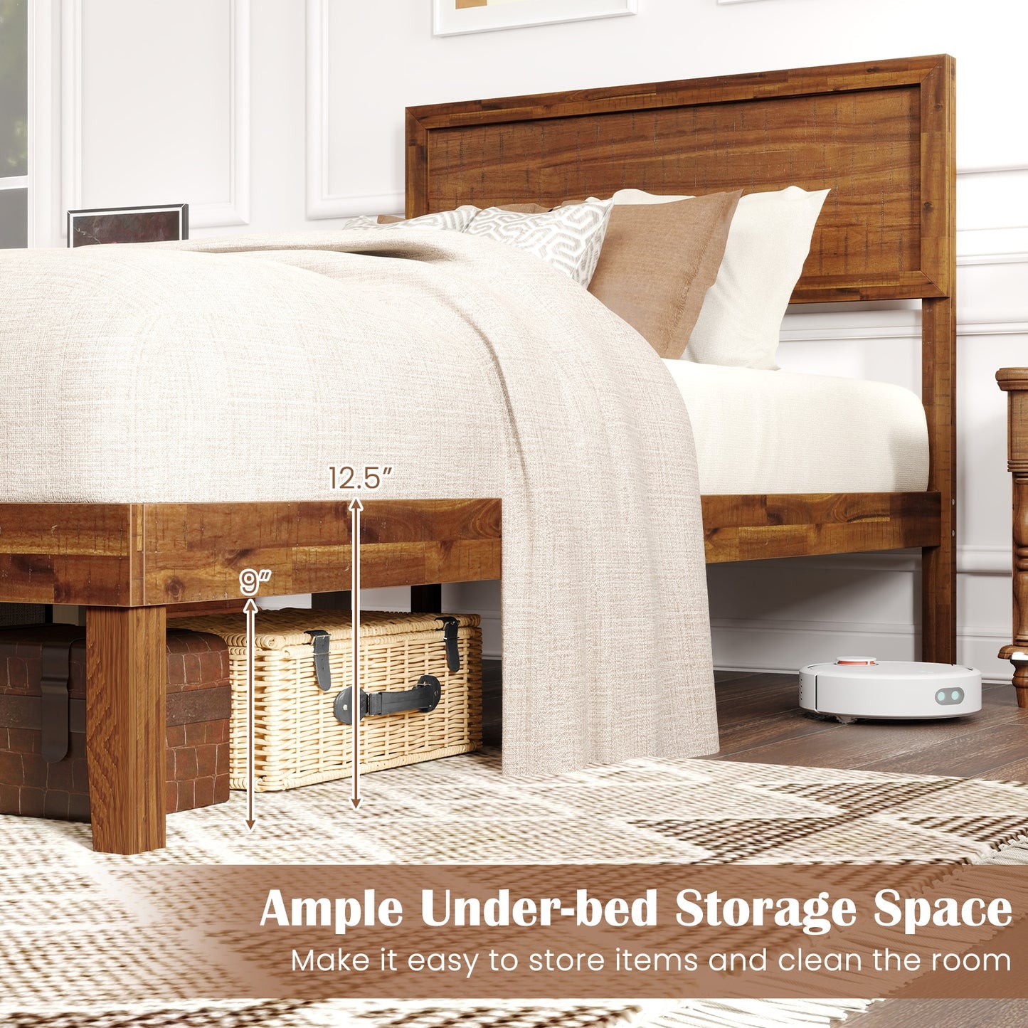 Classic Wood Bed Frame with Slat Foundation and Vintage Headboard, Twin Size