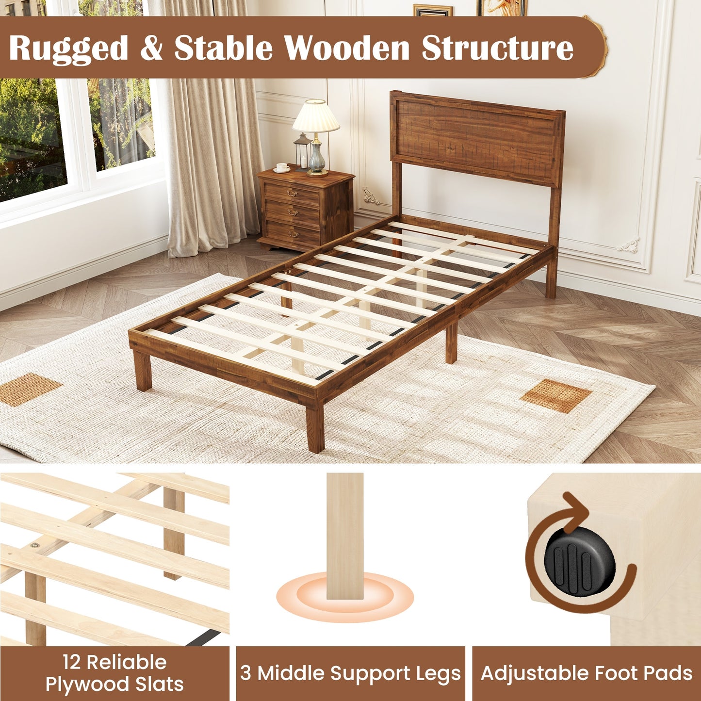 Classic Wood Bed Frame with Slat Foundation and Vintage Headboard, Twin Size