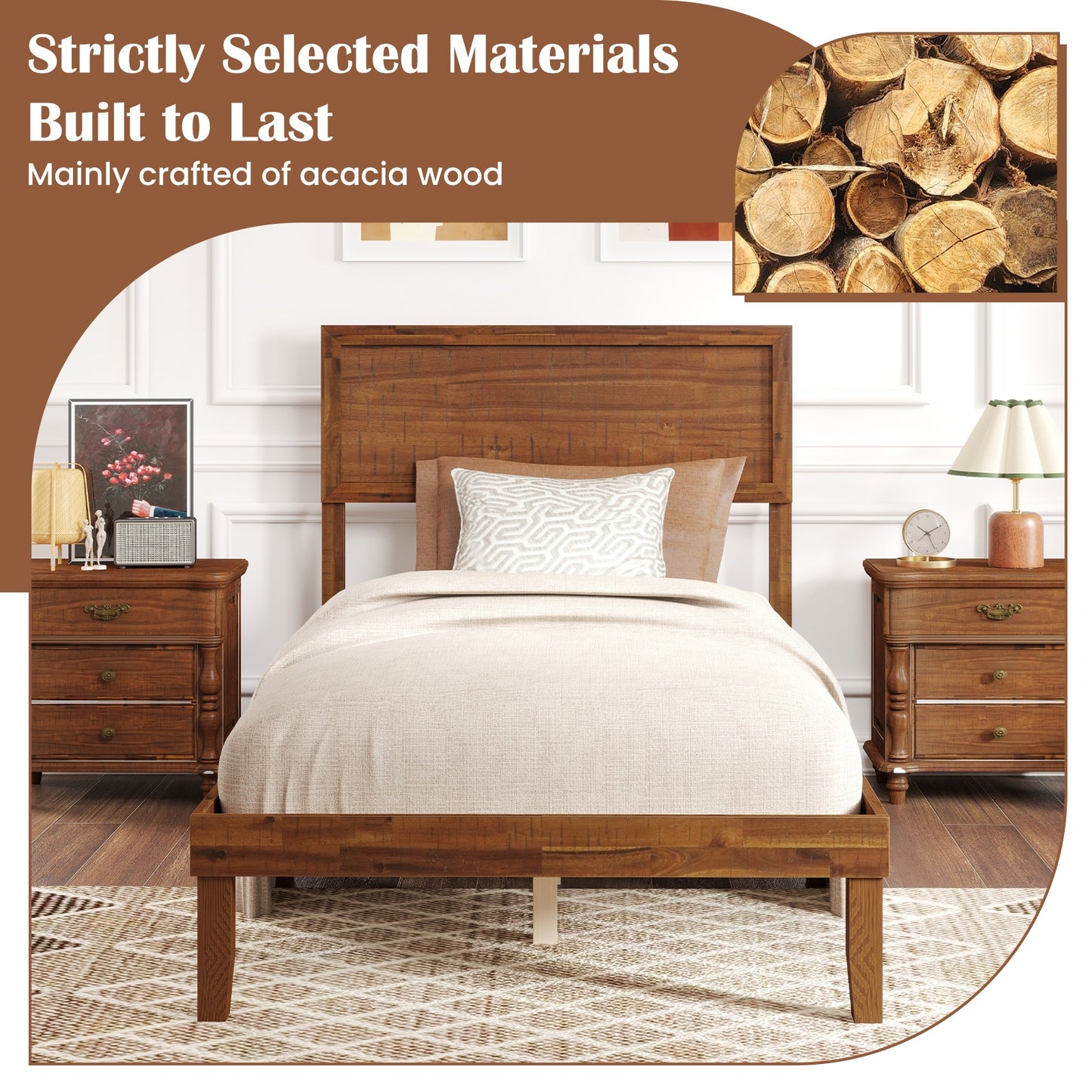 Classic Wood Bed Frame with Slat Foundation and Vintage Headboard, Twin Size