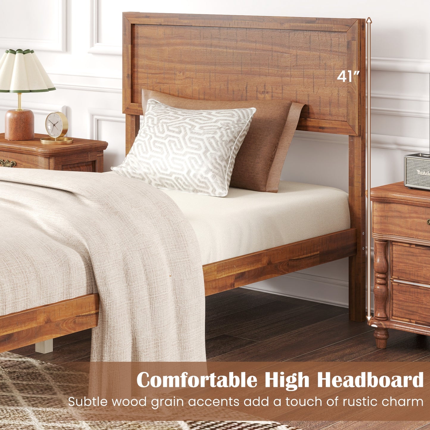 Classic Wood Bed Frame with Slat Foundation and Vintage Headboard, Twin Size