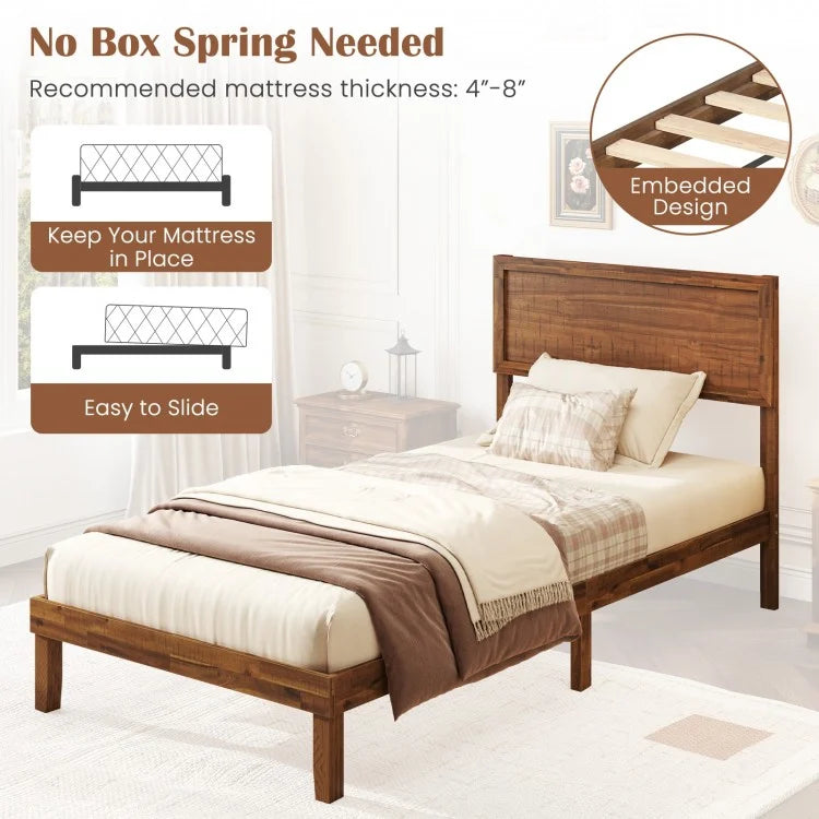 Classic Wood Bed Frame with Slat Foundation and Vintage Headboard, Twin Size