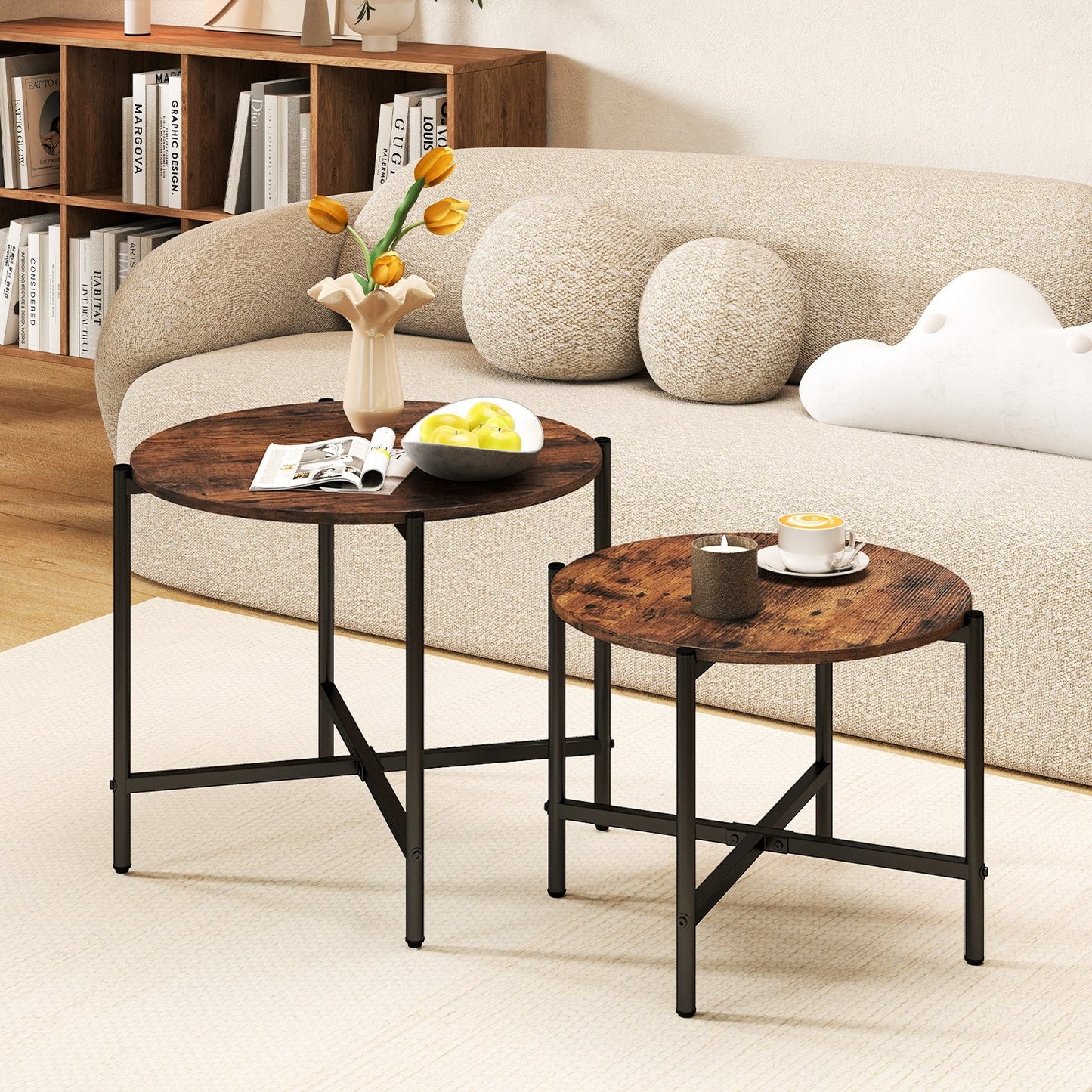 Nesting Round Coffee Table Set of 2 with Metal Base and Wood Top - Rustic Brown