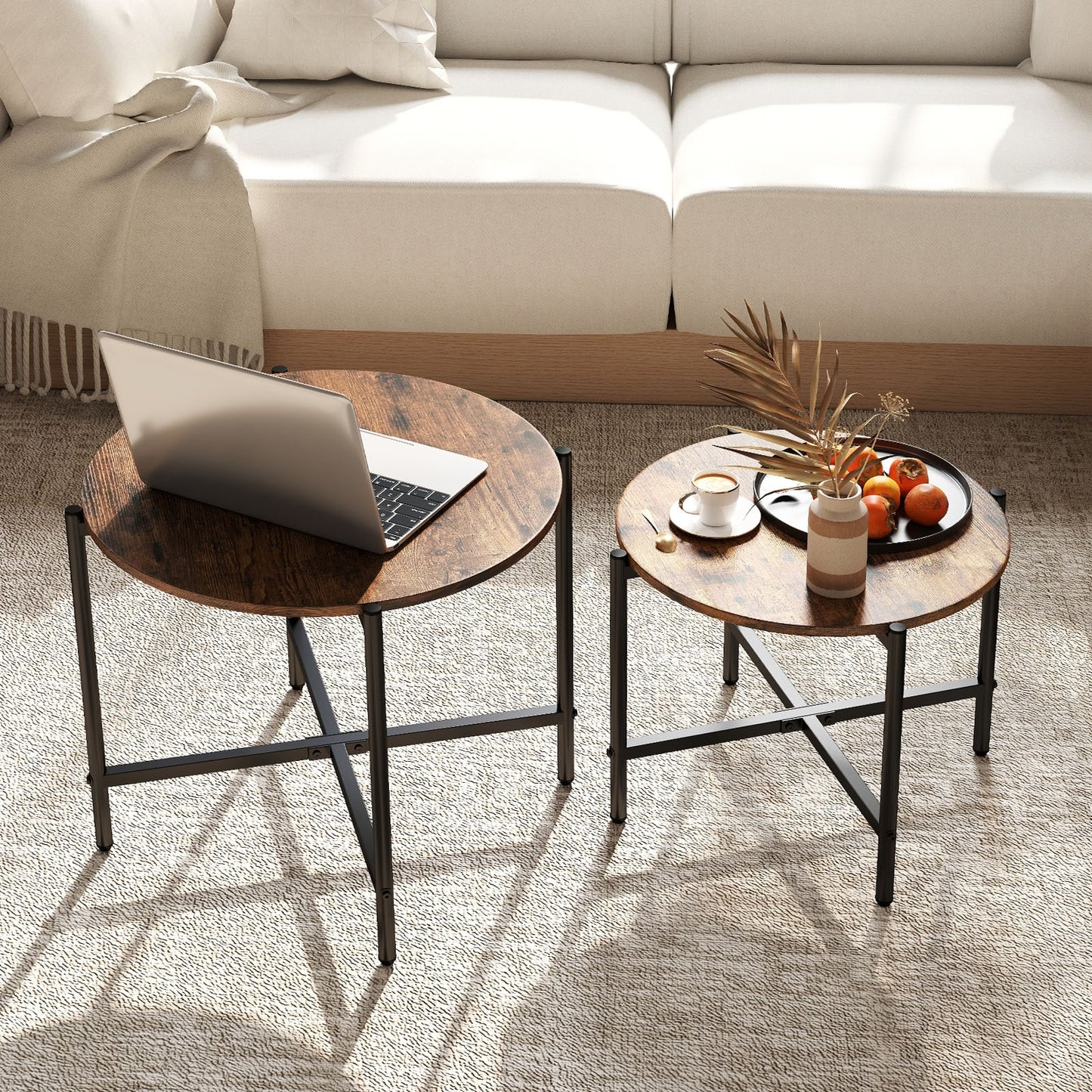 Nesting Round Coffee Table Set of 2 with Metal Base and Wood Top - Rustic Brown