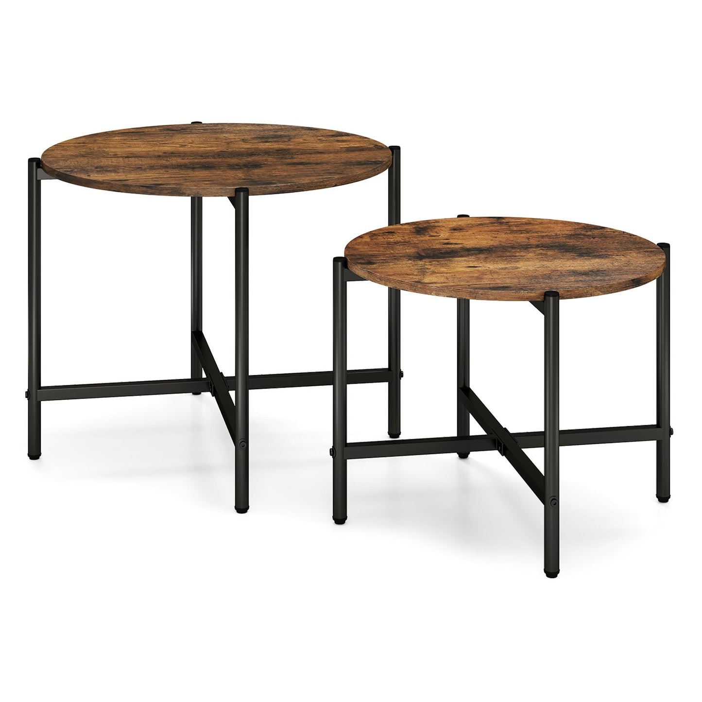 Nesting Round Coffee Table Set of 2 with Metal Base and Wood Top - Rustic Brown