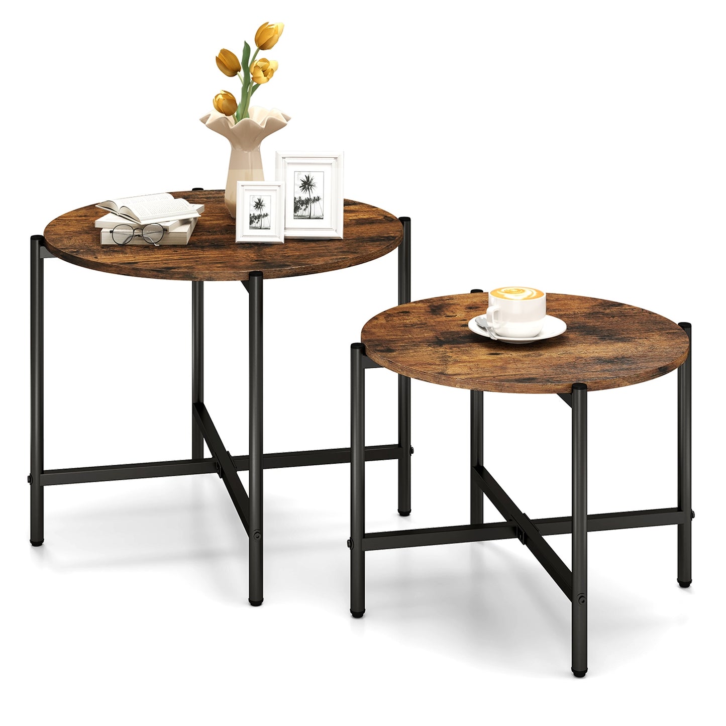 Nesting Round Coffee Table Set of 2 with Metal Base and Wood Top - Rustic Brown