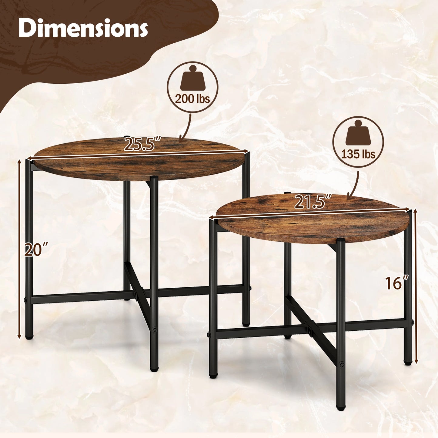 Nesting Round Coffee Table Set of 2 with Metal Base and Wood Top - Rustic Brown