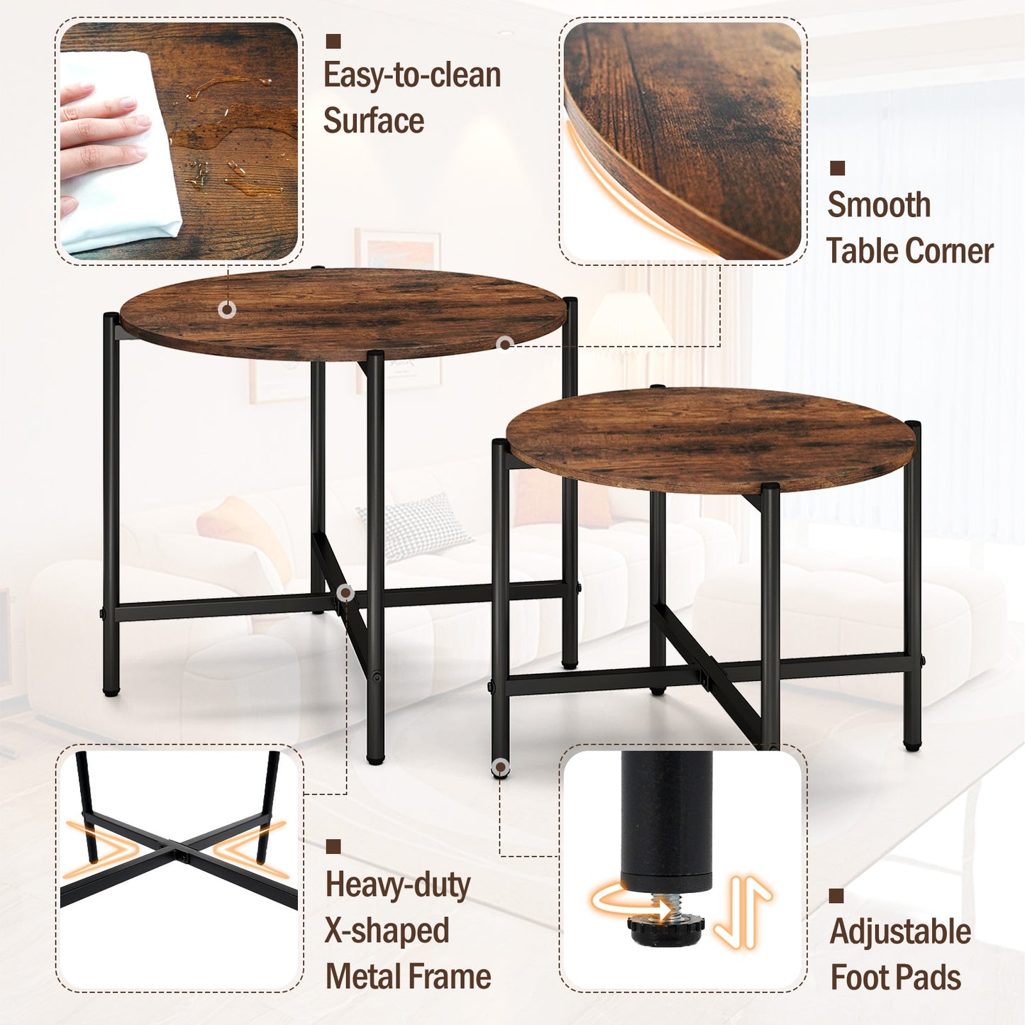 Nesting Round Coffee Table Set of 2 with Metal Base and Wood Top - Rustic Brown