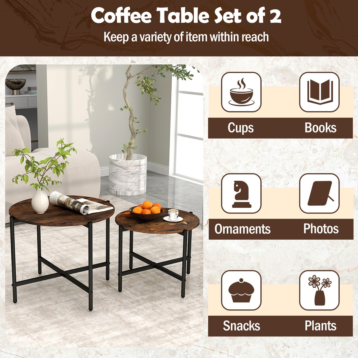 Nesting Round Coffee Table Set of 2 with Metal Base and Wood Top - Rustic Brown