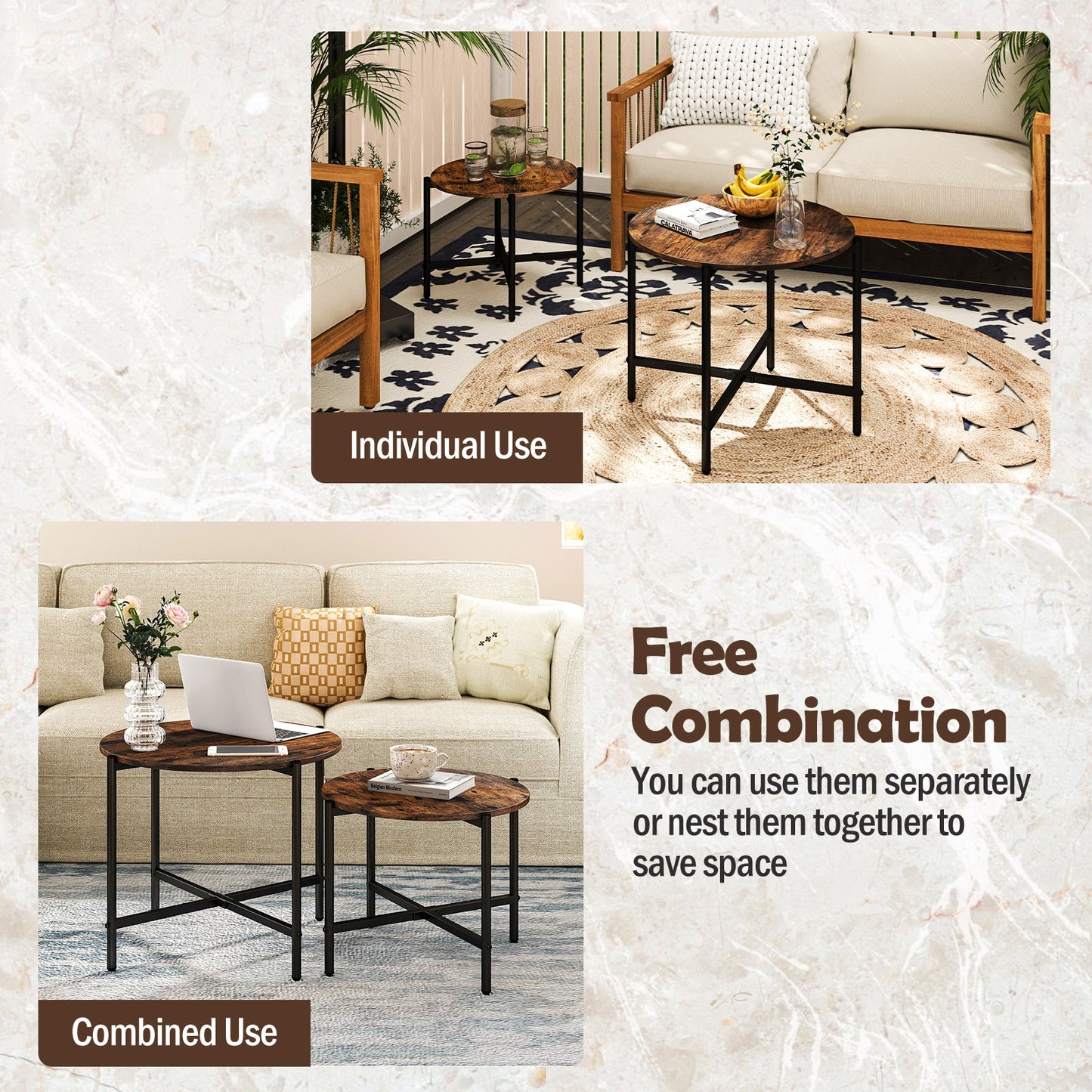 Nesting Round Coffee Table Set of 2 with Metal Base and Wood Top - Rustic Brown