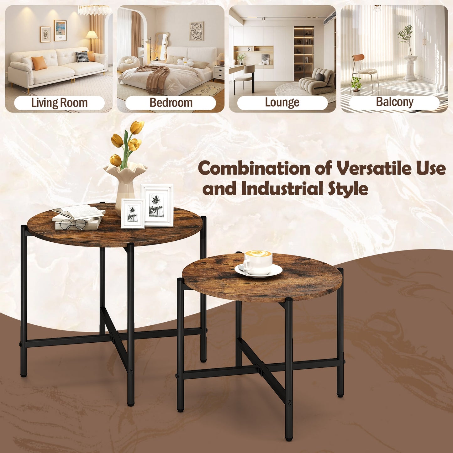 Nesting Round Coffee Table Set of 2 with Metal Base and Wood Top - Rustic Brown