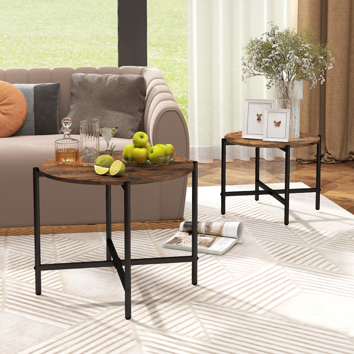 Nesting Round Coffee Table Set of 2 with Metal Base and Wood Top - Rustic Brown