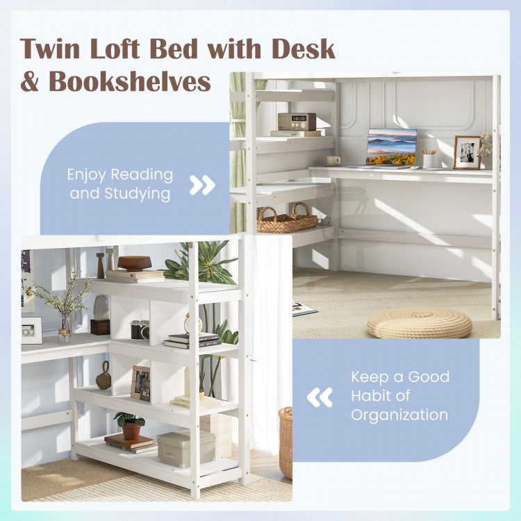 Multifunctional Twin Loft Bed with Desk, Storage Stairs, Shelves, and Safety Guardrails