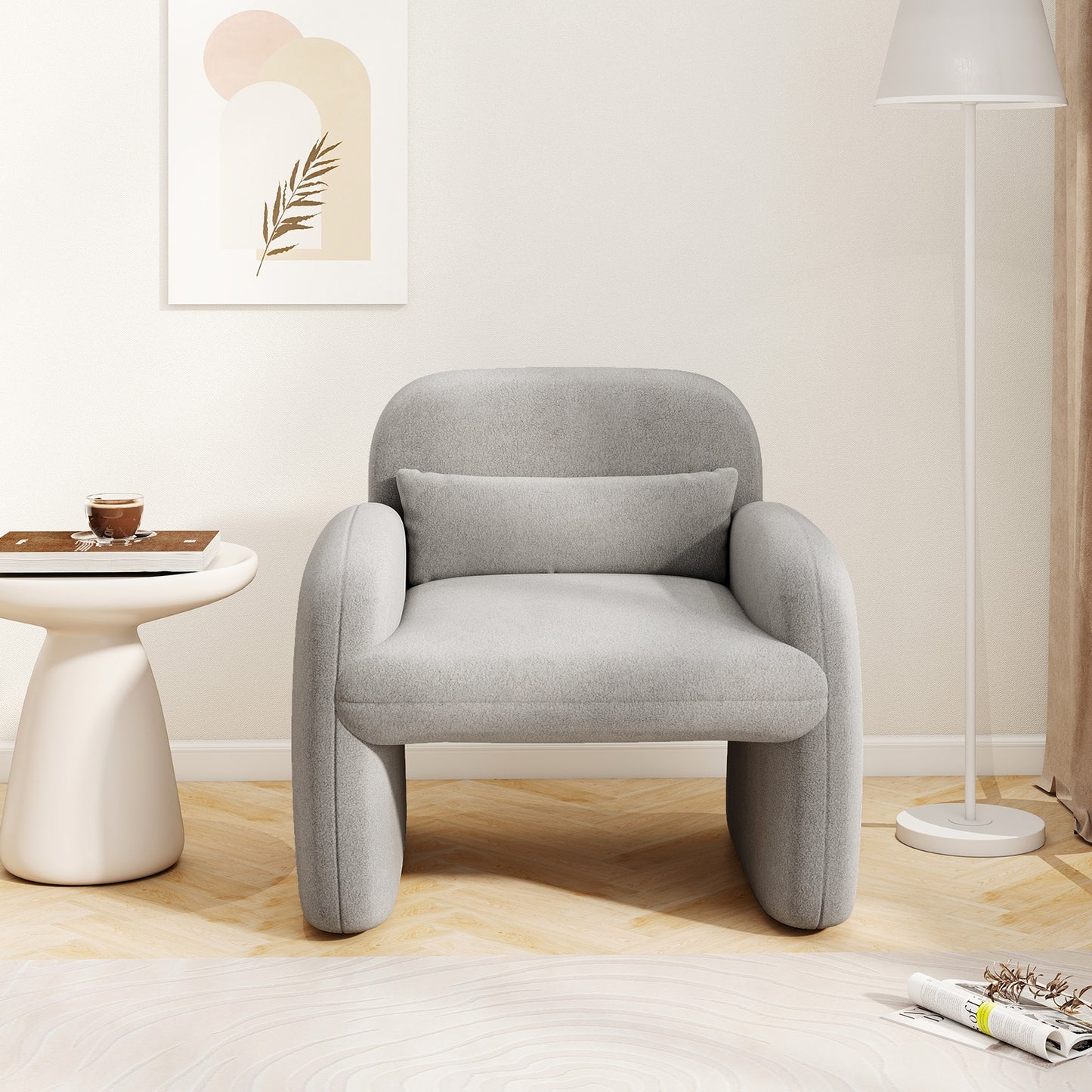 Cozy Boucle Accent Chair with Supportive Pillow and Curved Armrests in Grey